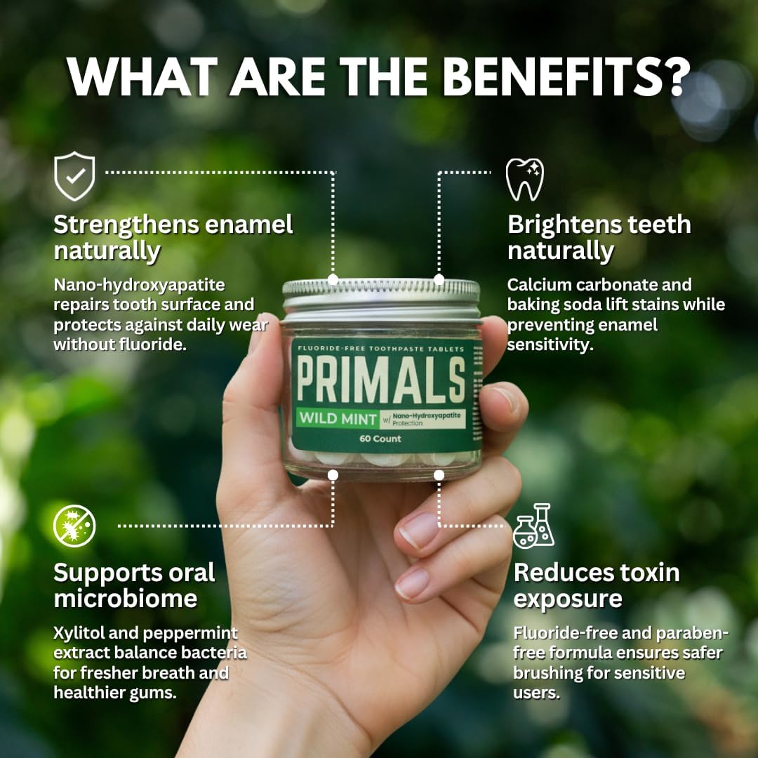 PRIMALS Fluoride-Free Toothpaste Tablets, Nano-Hydroxyapatite, Zero Artificial Flavors or Plastic, Remineralizes and Whitens Teeth, 60 Count (1 Month Supply)
