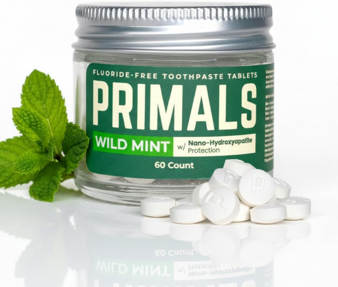 PRIMALS Fluoride-Free Toothpaste Tablets, Nano-Hydroxyapatite, Zero Artificial Flavors or Plastic, Remineralizes and Whitens Teeth, 60 Count (1 Month Supply) 