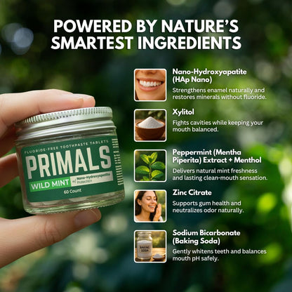 PRIMALS Fluoride-Free Toothpaste Tablets, Nano-Hydroxyapatite, Zero Artificial Flavors or Plastic, Remineralizes and Whitens Teeth, 60 Count (1 Month Supply) 